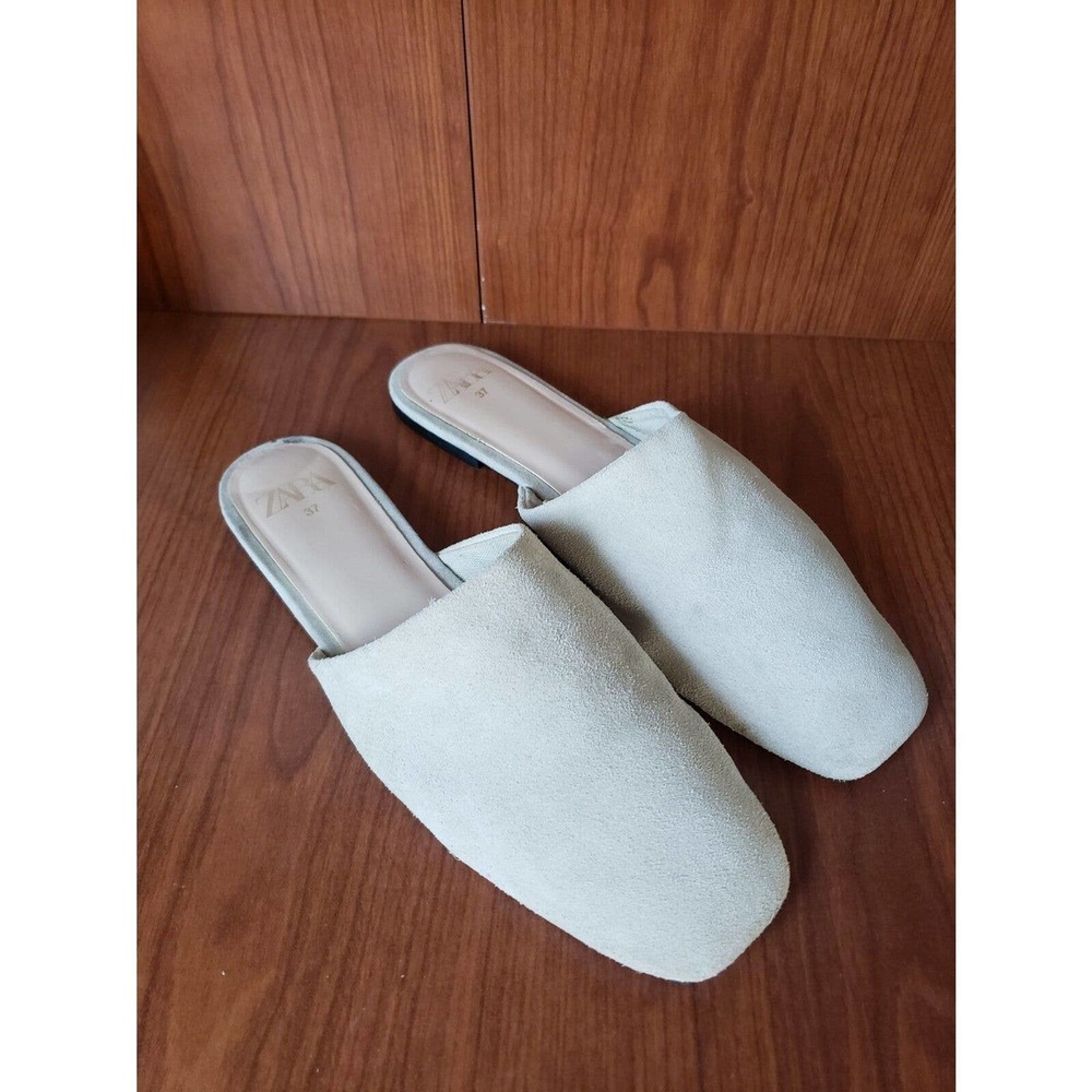 Zara Womens Suede Flat Mules Square Toe Minimalist Neutral Color Size 37/US 6.5